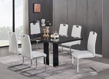 Dining Table Set Black Glass High Gloss Rectangle 6 Faux Leather Chairs