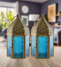 Pair of Moroccan Style Lantern Hanging Antique Blue Tea Light Candle Holder