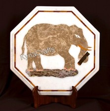 Elephant Pattern Inlay Work Coffee Table Top White Marble End table for Bedroom