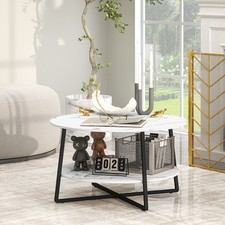2-Tier Round Coffee Table, Living Room Table with Marble Effect Top, White