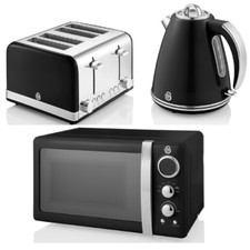 Swan Retro Jug Kettle, 4 Slice Toaster & Digital Microwave Vintage Set Black