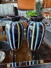 Pair Of Vintage 1950s West German Pottery Vases - Striped Glaze