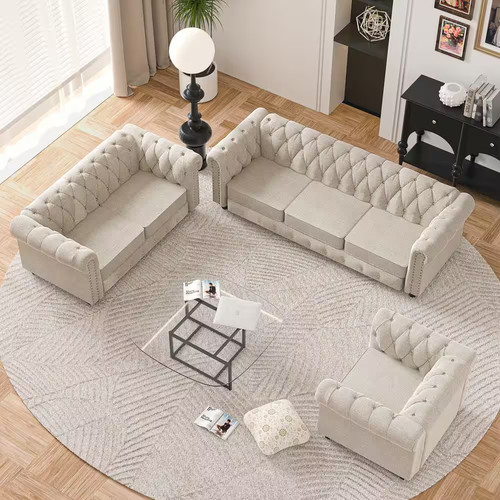 Beige linen chesterfield - linen,