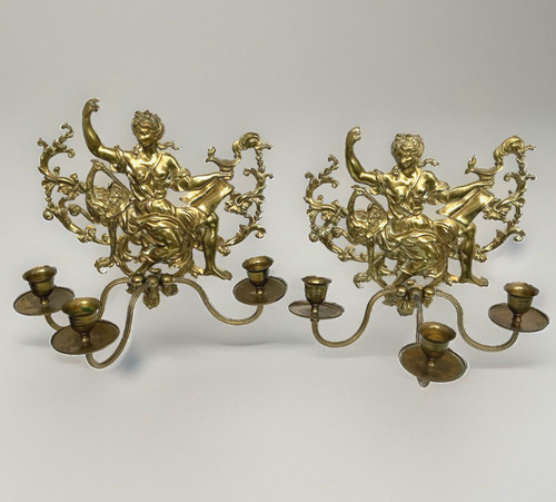 Pair antique brass three - pair,