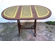 VINTAGE DROP LEAF EXTENDABLE COFFEE OCCASIONAL TABLE & GREEN LEATHER TOP