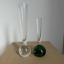 Green & Clear Glass Bubble Bud Vase Single Stem Vase, Vintage 60s 70s, 2x vase