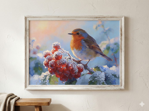 Robin winter berries - winter, wall