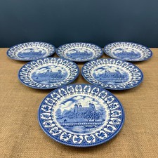 6 X VINTAGE CHURCHILL ENGLAND TOWER OF LONDON BLUE & WHITE DINNER PLATES - 24CM