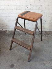 Vintage - 1960s Kitchen Step Stool - Brown Tubular Metal With Padded Vinyl Seat