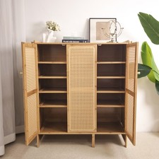 Large Tall Shoe Cabinet 3 Rattan Doors Accent Shoe Cabinet Rack with Side Hooks