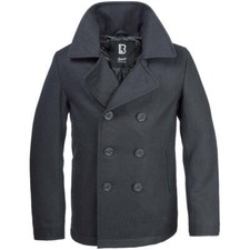 Brandit Pea Coat Double Breasted Winter Wool Navy Reefer Jacket Vintage Style 