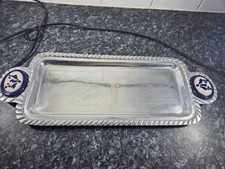 Vintage Solid Pewter Tray with Blue and White Ceramic Tile Accents 17.5" Long
