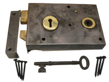 Old Antique steel brass trimmed right hand rim lock (RL475)