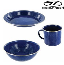 Highlander Deluxe Enamel Bowl Mug Plate Set  BLUE hard wearing steel camping 