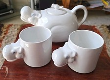 Carltonware Hippo Teapot with Bird Lid & 2 Hippo Mugs Vintage