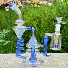 Blue 8.6" Tornado Coil Glass Bong Water Pipe Pyrex Hookah Bubber W/Ash Catcher