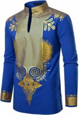 Men's African Dashiki Luxury Tribal Print Shirt Metallic Gold Top Blouse Shirt