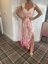 LIPSY SIZE 10 DRESS PINK FLORAL RUCHED FRONT RUFFLE SLEEVE MAXI NEW WITH TAGS