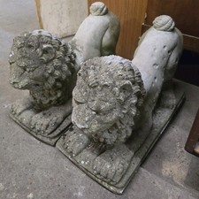 Pair of Weathered Garden Lion Statues Outdoor Decor