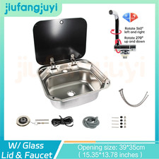 304 Stainless Steel Hand Wash Sink W/ Glass Lid & Faucet for Campervan Caravan