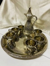Turkish Coffee & Tea Set Teapot Tray, Vintage Style, 8 Pieces, Gift Set, Silver