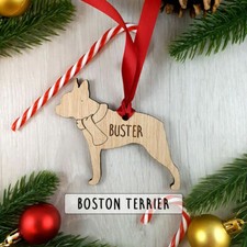 Personalised Dog Wooden Oak Decoration - Christmas Tree gift - Boston Terrier