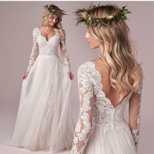 Boho Lace Wedding Dress Long Sleeve Tulle Gown Low V-Back Bridal Dress