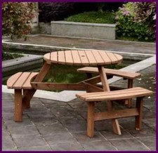 Round Picnic Table Outdoor Garden Furniture Wooden Pub Bench 6 Seater Beer Set