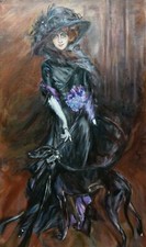 oil painting on canvas of lady in black dress wearing hat with a greyhound dog.