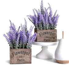 Artificial Lavender Plants in Wooden Pots Purple Flower Fake Faux Desk 2 Pack