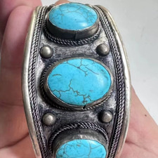 vintage native american navajo sterling silver turquoise 3 stone cuff bracelet