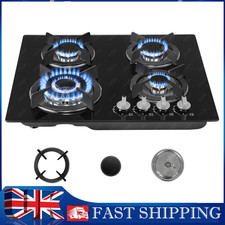 4 Burners Gas Hob 60cm Black Tempered Glass NG/LPG Convert With Iron Pan Nijjbur