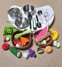 IKEA DUKTIG Stainless Steel Toy Cookware + Felt Fruit & Vegetable Basket Bundle