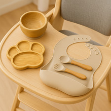 Baby Weaning Set Bamboo Baby Feeding set Suction Plate  Bowls Spoons & Bibs