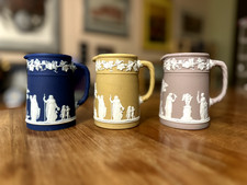 Three Wedgwood Jasperware Pitchers Cobalt Blue, Lilac, Yellow-dipped  4" tall