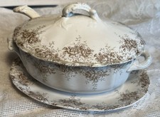 Antique Rosamond England Hanley Meakin Brown Transferware Soup Tureen Spoon &Lid