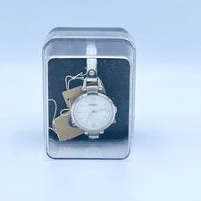 Women's Fossil Watch Box Silver Tone White Leather NEEDS BATTERY Retail $115