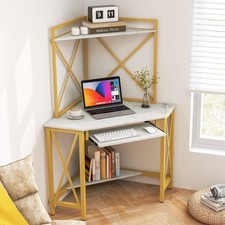 Home Office Corner Desk w/ Hutch Wooden Computer Desk w/ Shelves & Keyboard Tray