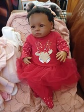 African American Black Reborn Baby Doll Dark Skin Cute Girl. Christmas Outfit.