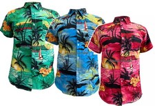 Mens Hawaiian Shirt Floral Palm Tree Sunset Surf Beach Party Holiday Stag Dance