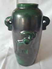 Swedish art deco tall vase with green and black lustre design (a)