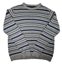James Pringle Jumper XL Grey Blue Striped Knit Sweater Crew Neck Retro Vintage