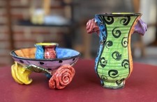 VTG MARY ROSE YOUNG POTTERY SIGNED Candle Holder & Bud Vase w/ Roses 1992