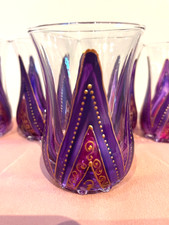 Set of 6 Hand painted original sourced Moroccan tea glasses in purple & gold