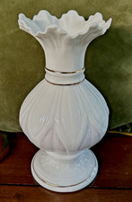 BELLEEK VASE CREAM  AND PINK