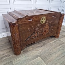 Vintage Oriental Chinese Asian Carved Camphor Wood Trunk / Ottoman Blanket Box