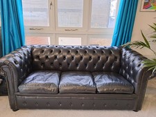 Chesterfield Black Real Leather 3 Seater Sofa Bed & navy Chesterfield cushion