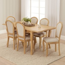 French Chateau Oak Extending Dining Table & 6 qty Linen Fabric Dining Chair Set