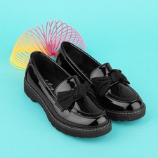 Lilley Girls Shoes Black Kids School Loafers Patent Slip On Bow Chunky SIZE