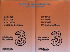 UK Three 50GB £20 Unlimited, Call & Text SIM Card Nano pay as you go 3G uk